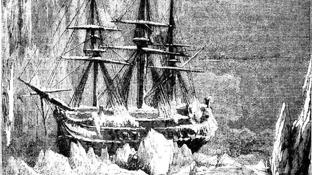 The two ships in Sir John Franklin's Northwest Passage expedition became trapped in ice off King William Island